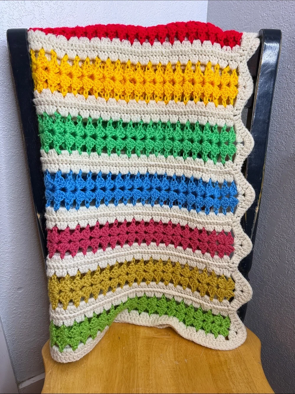 Handmade Crochet Rainbow Throw Blanket Afghan Scalloped Edge Cottagecore Boho